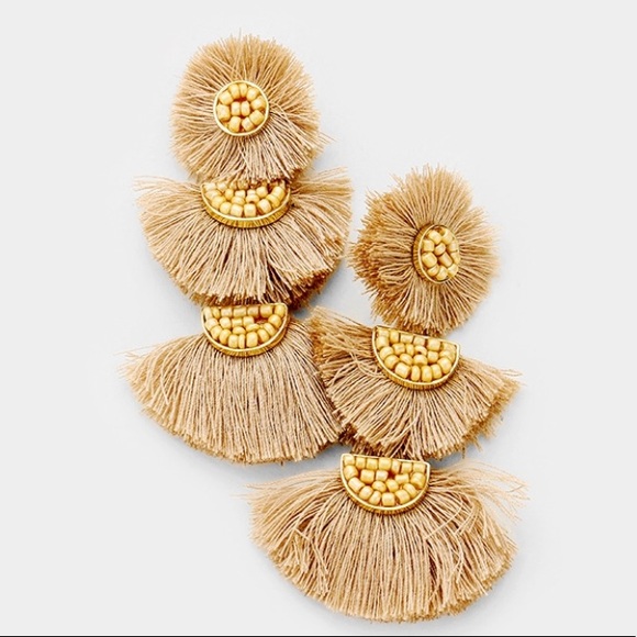Jewelry - Triple fan tassel link dangle tan fringe earrings